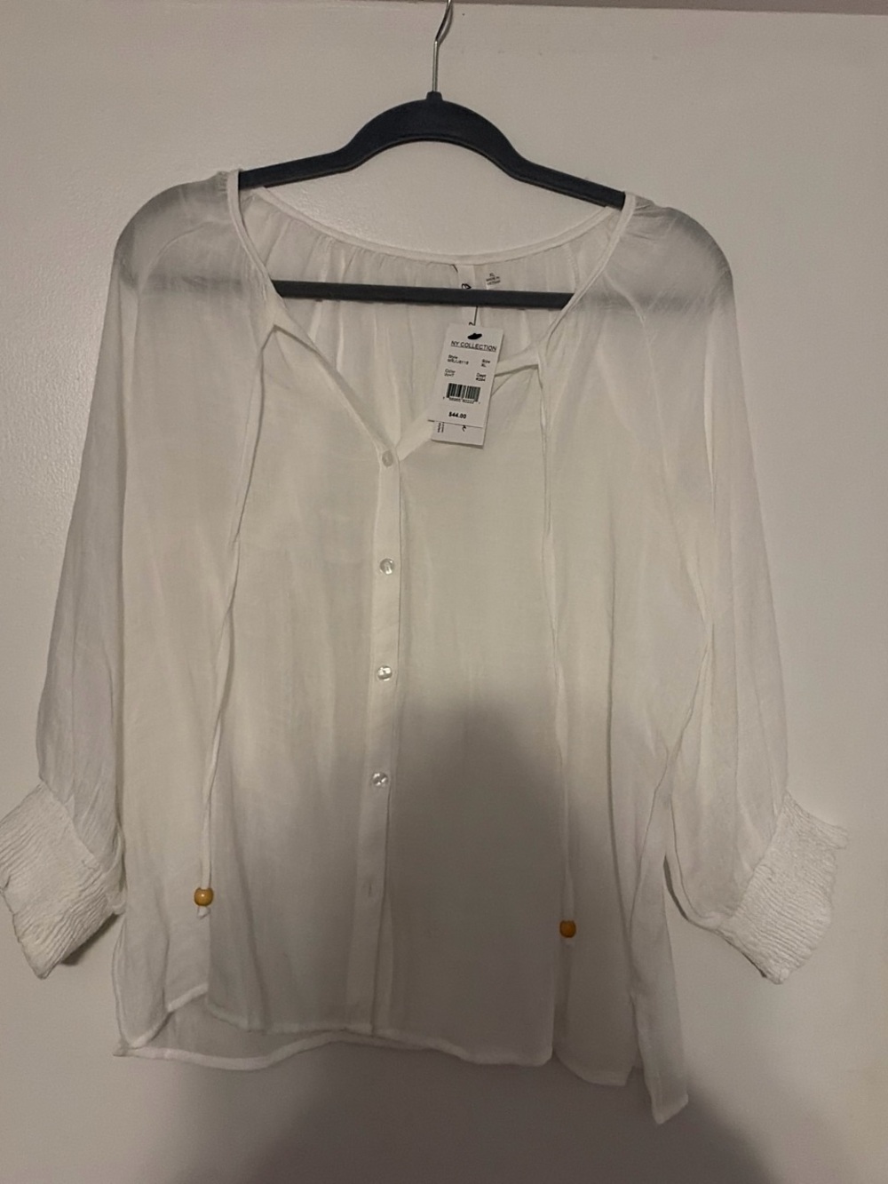 NY Collection Cream Button-Front Women's Blouse with Tie Accents